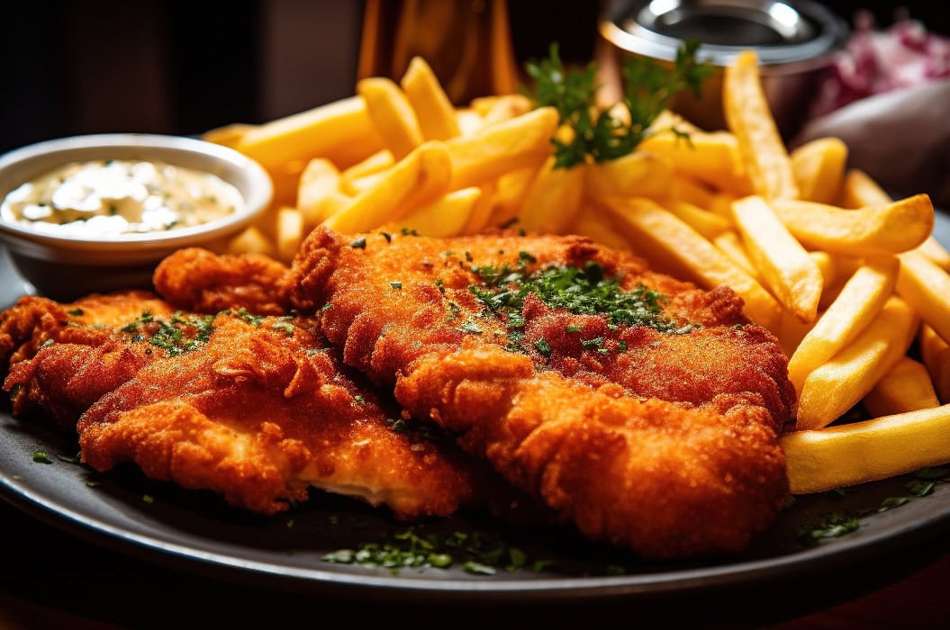 Gebratenes Wiener Schnitzel vom Kalbsrücken mit Pommes frites