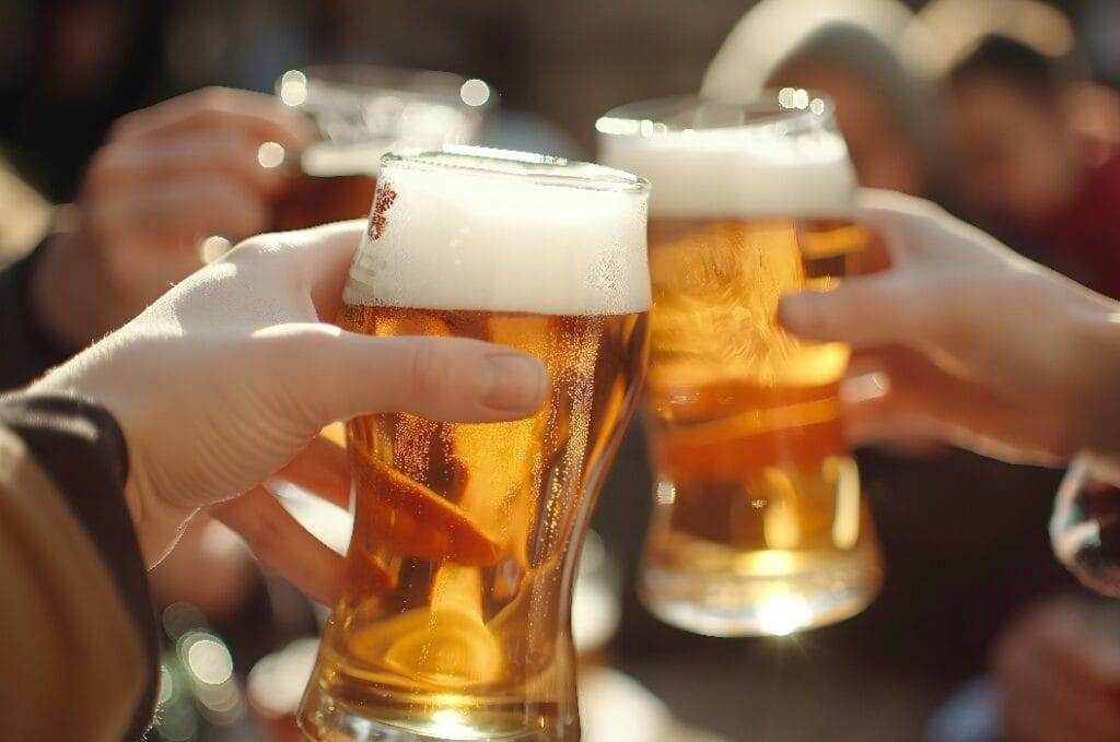 Gruppe von Menschen stößt mit einem Glas Bier an, Konzept Bier trinken in einer Bar